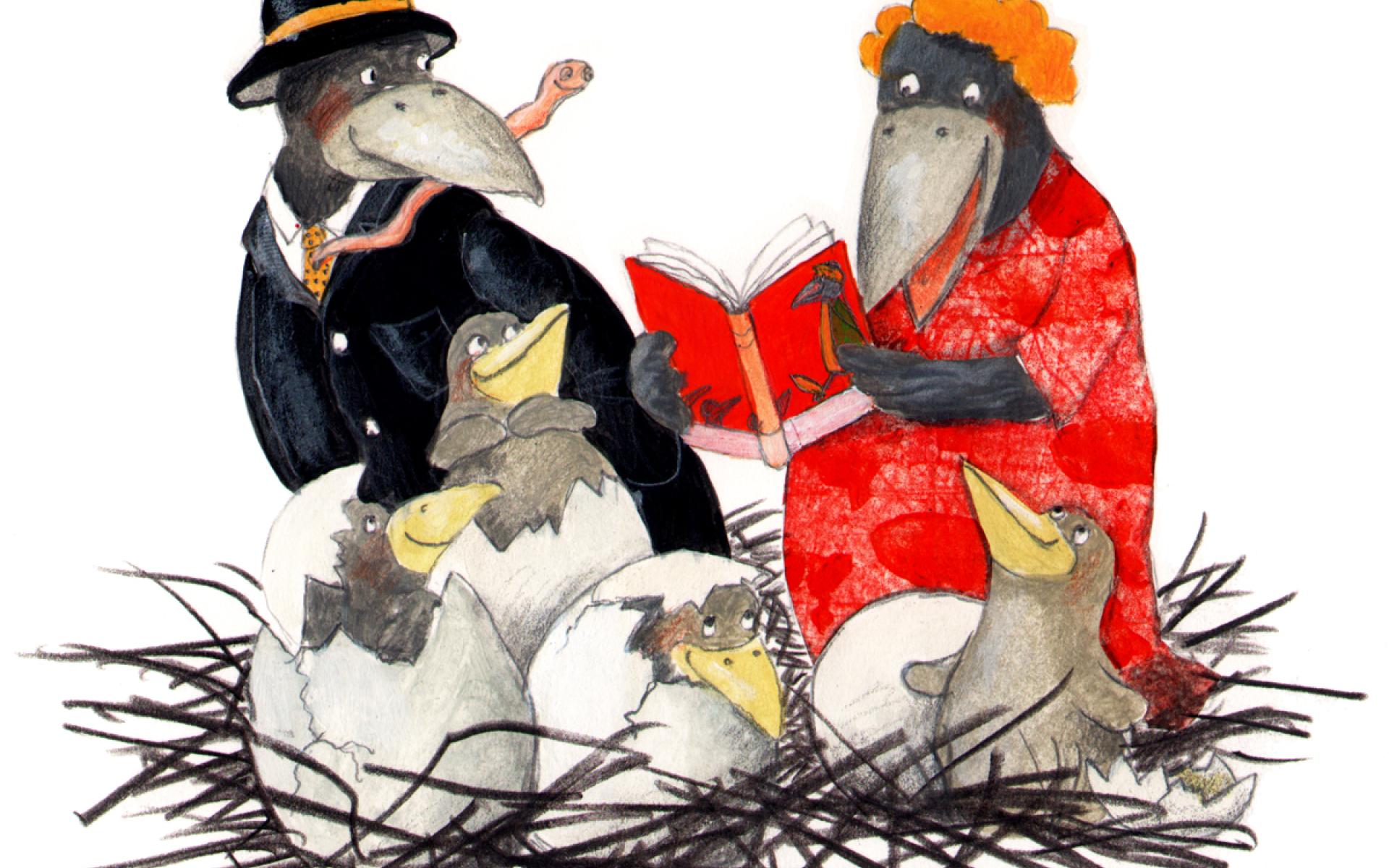 Rabenfamilie beim Vorlesen
